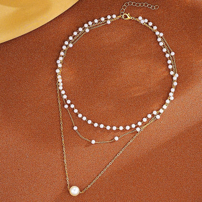 HOT and NEW Cross Border New Fashion Pearl Chain Pendant Three-Layer Necklace Women's All-Match Light Luxury Temperament High Sense Necklace