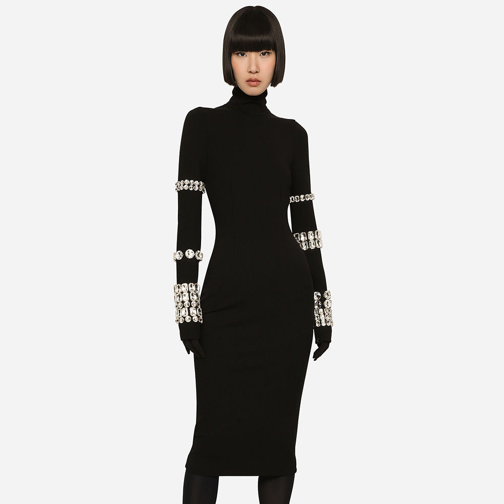 LOVECCR 2025 black heavy industry diamond-encrusted long-sleeved turtleneck bandage dress high-end sense slim-fitting knitted women's clothing autumn and winter models