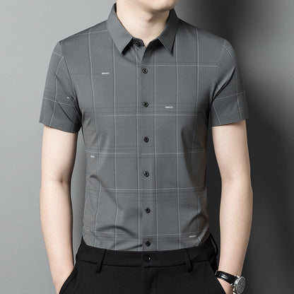 Summer New Short-Sleeved Men's Shirt Seamless Ice Silk Middle-Aged Business Leisure Plaid Men's Shirt Wholesale