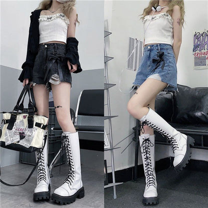 European and American Style Ripped Denim Shorts Women's 2024 Summer New Lace-up Design Sense Slim High Waist Shorts Women's