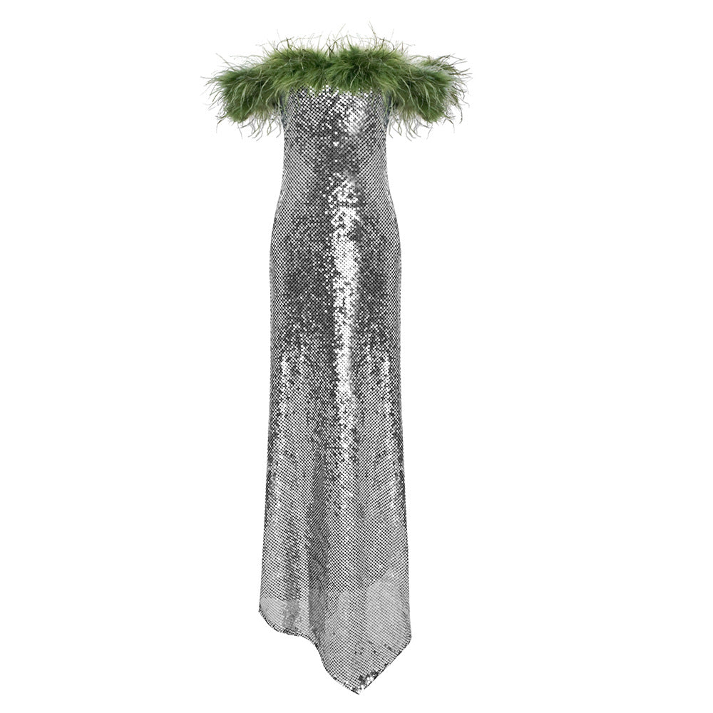 LOVECCR 2023 2025 new silver shoulder green fur collar twill sequined dress dress high-end summer dress