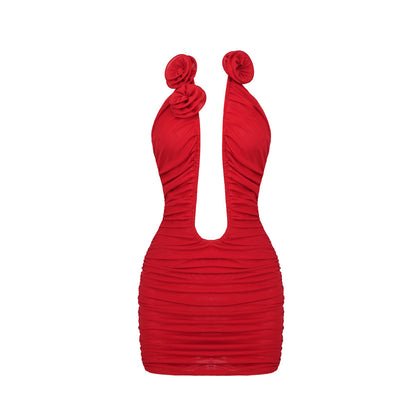 LOVECCR 2023 new red hollow pleated mesh tube top skirt temperament sexy backless dress summer New women's clothing