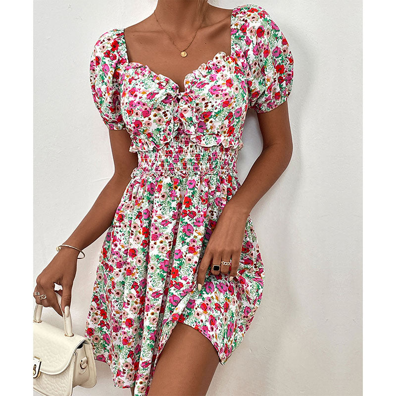 LOVECCR Hot summer new floral dress temu  popular skirt high waist bubble sleeve dress