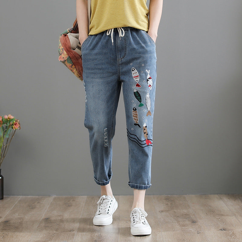 Women's Jeans Spring and Autumn Ripped Artistic Embroidered Women's Cropped Pants Elastic High Waist Oversized Jeans Women's Loose