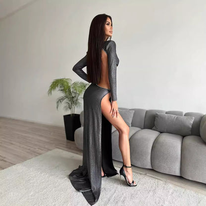 LOVECCR popular summer new  2025 sexy women's clothing black long-sleeved backless split silver silk high-end dress