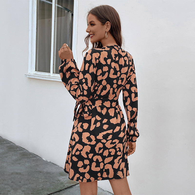 LOVECCR   Europe and the United States new leopard print v-neck long-sleeved long-sleeved dress temperament casual wrap skirt