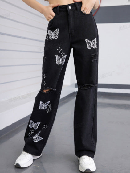 New European and American  Wish Embroidery Ripped Fashion Denim Skinny Pants Female 69310