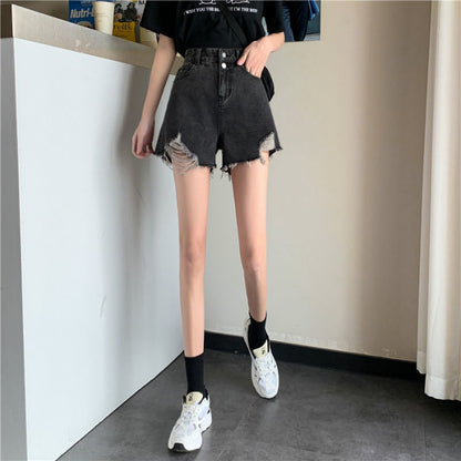 Double Buckle Thin Denim Shorts Women's Korean-Style High Waist Black Ins Style Hot Girl Raw Hem Ripped Wide Leg A- line Hot Pants Summer