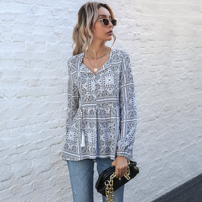 LOVECCR popular  New explosive shirt spring 2025 long-sleeved printing v-neck fringed ethnic style shirt women