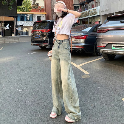 Retro Distressed Wide-Leg Jeans for Women 2024 Spring and Summer New High Waist Loose All-Match Draping Mop Straight Pants