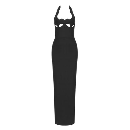 LOVECCR 2025 retro  black long dress neck hollow high-end sexy inner with autumn and winter design bandage dress