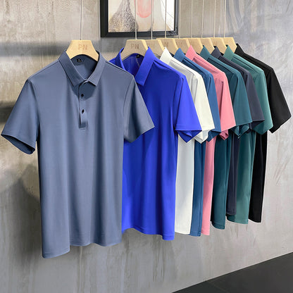 Summer Business Casual Men's Clothing Ice Silk Seamless Polo Shirt High Elastic Non-Ironing Thin Short Sleeve Lapel T-shirt Short Sleeve