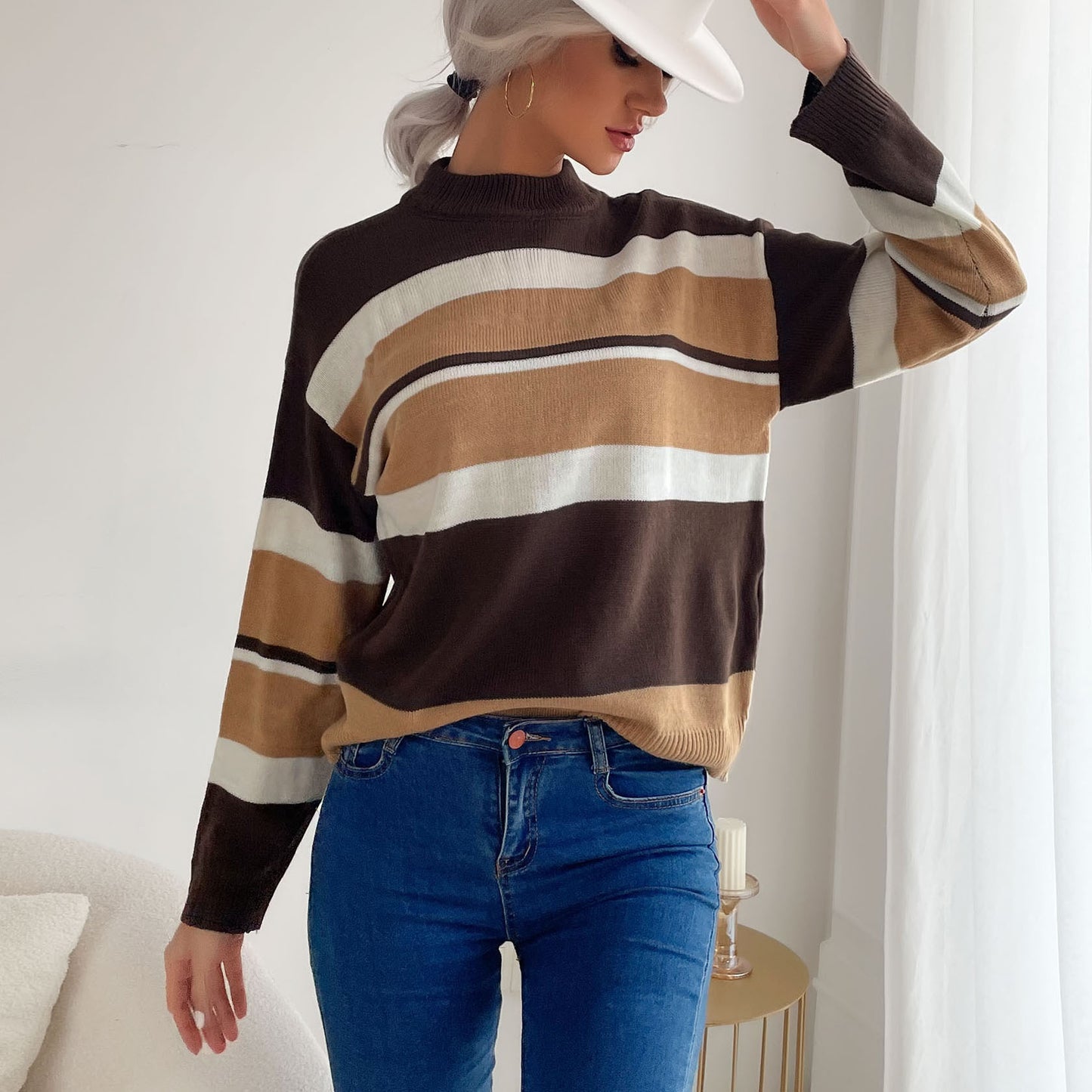 LOVECCR New Popular trade popular autumn and winter 2025 women's clothing striped splicing contrasting color semi-turtleneck knitted pullover sweater