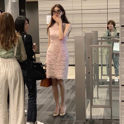Celebrity Lin Zhiling Same Style Pink Lace Sleeveless Dress Slim Fit Slimming A- line Pink Dress Women