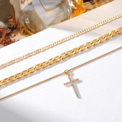 HOT and NEW Cross Border Ornament Mix and Match Cross Chain Necklace Personality Diamond Stud Cross Heart-Shaped Pendant Multi-Layer Necklace