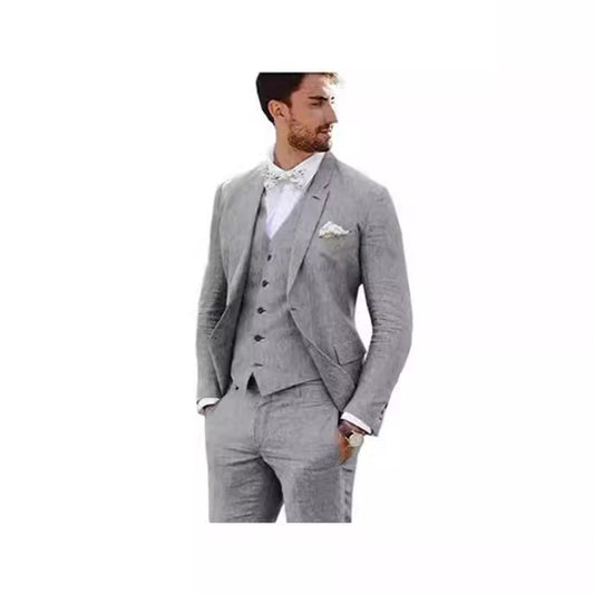 LOVECCR   Men's Linen Slim Fit Suit Wedding Western Slim Fit 3 Piece Set Groom Swallowtail Best Men's Prom Suit