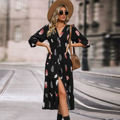 LOVECCR New Hot Trade Skirt Hot Autumn and Winter New 2025 Women's  Long Sleeve Printed Dress