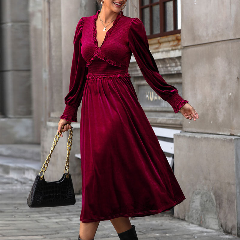 LOVECCR 2025 foreign trade explosion burgundy velvet dress temperament elegant long dress wooden ear edge collection design skirt