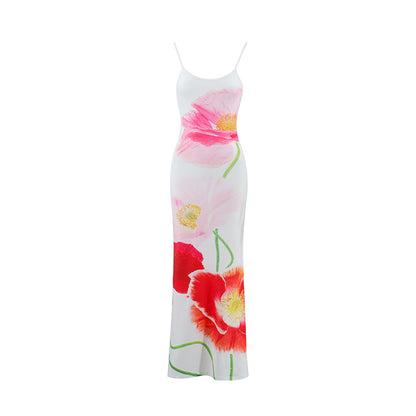 LOVECCR 2025 ins style summer new women's clothing suspender U-neck backless slim-fitting flower printing long A-shaped dress dress