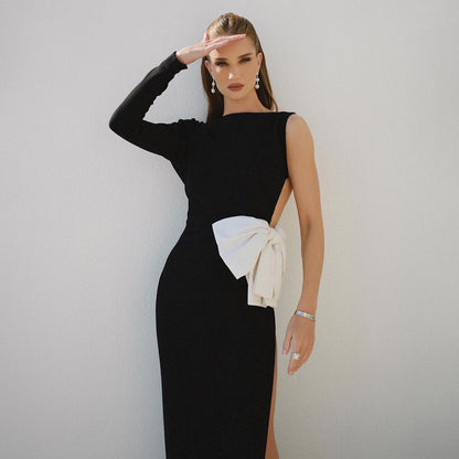 LOVECCR black one-shoulder long-sleeved bow halter dress long dress 2025 women's clothing split-ended dress autumn and winter