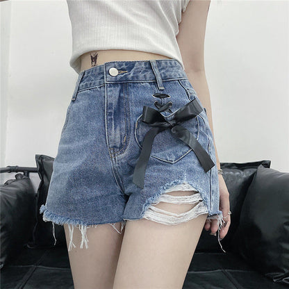 European and American Style Ripped Denim Shorts Women's 2024 Summer New Lace-up Design Sense Slim High Waist Shorts Women's