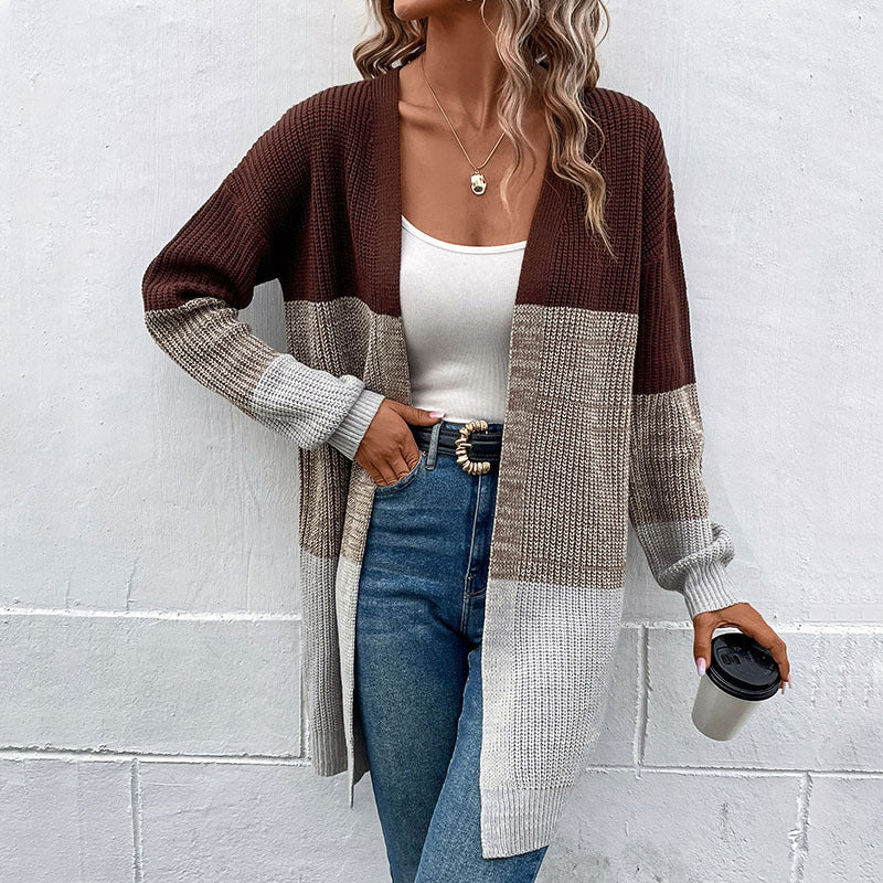 LOVECCR 2025 knitted jacket Hot autumn and winter new design contrast color medium and long sweater cardigan women