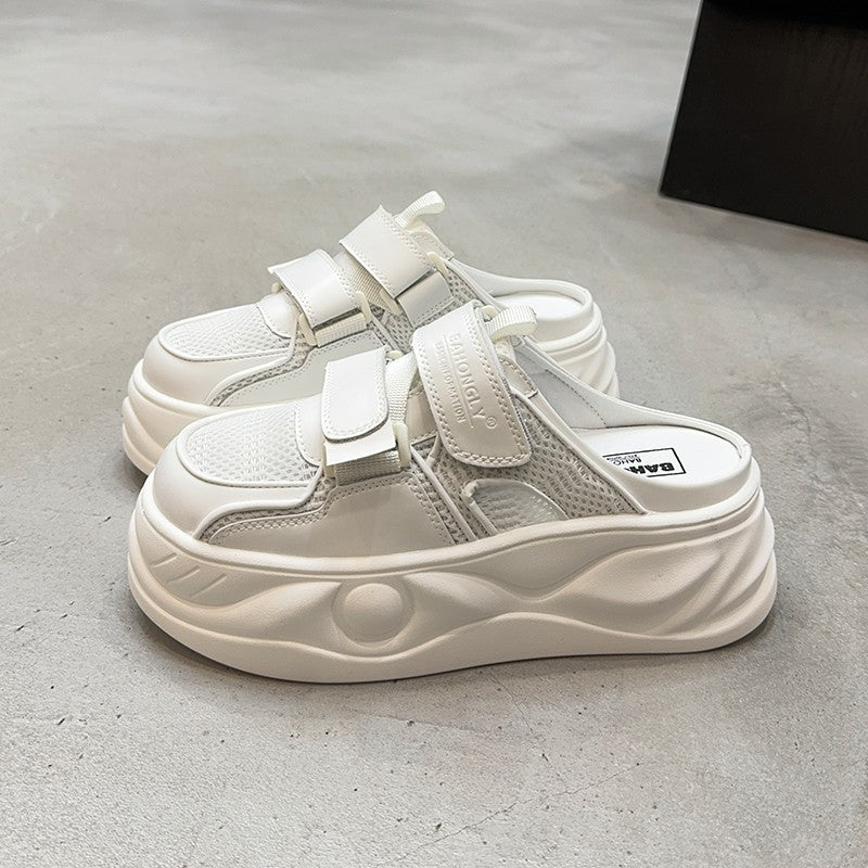 Popular Closed Toe Half Slippers Women's Outer Wear Summer Thick Bottom Increased Drooping Feeling round Toe Korean Style Slip-on Lofter Slippers