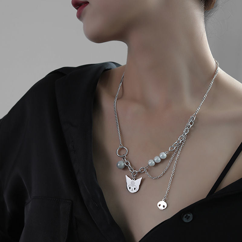 YH Sweet Cool Ins Clow Pearl Beige Necklace Female Student Stitching Reflective Personality Clavicle Chain Fashion All-Match Necklace