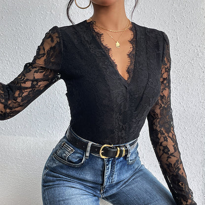 LOVECCR 2025 foreign trade explosion lace splicing long-sleeved onesie slim-fitting lace V-neck women's clothing hollowed-out jumpsuit at the back