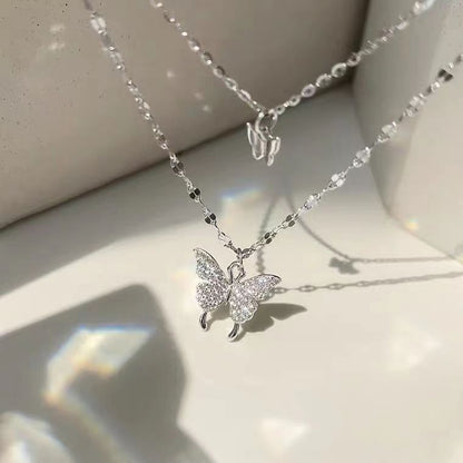 Double-Layer Butterfly Necklace for Women Affordable Luxury Style Niche High-Grade Diamond-Embedded Temperament Twin Clavicle Chain