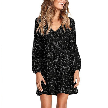 LOVECCR Cross-Border European and American Foreign Trade New Women's Fashion V-neck Long Sleeve Polka Dot Ruffled Loose Casual Temperament Dress