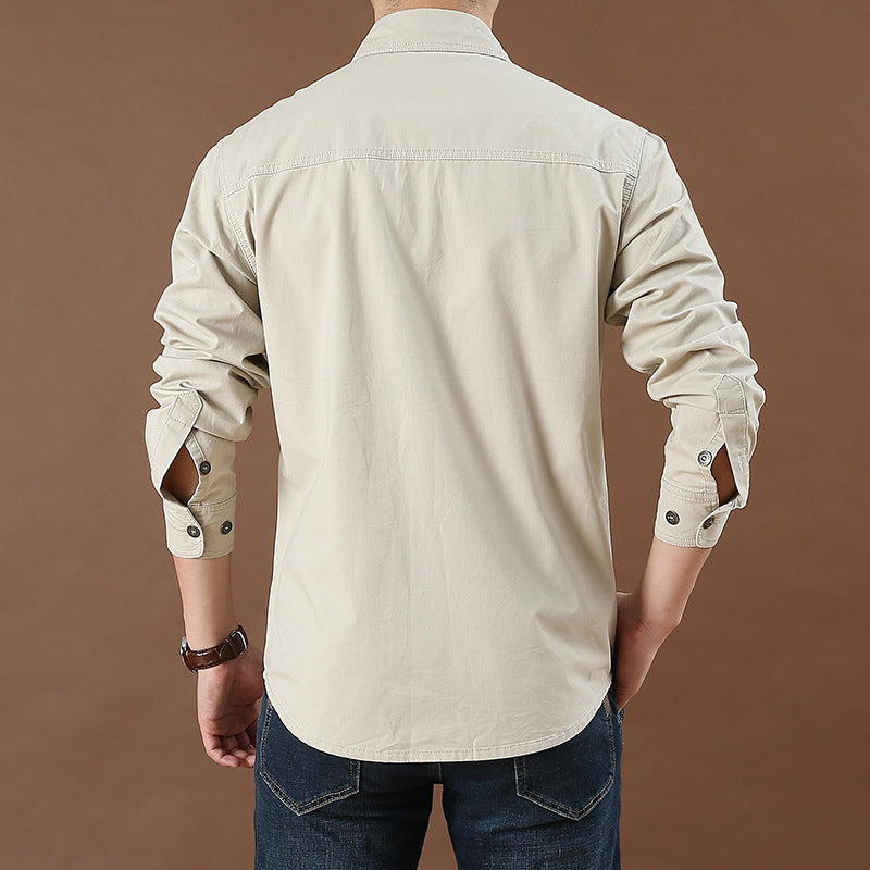 Men's Casual Loose Long-Sleeved Shirt New plus Size Solid Color Young and Middle-Aged Shirt Autumn Workwear Pocket Style