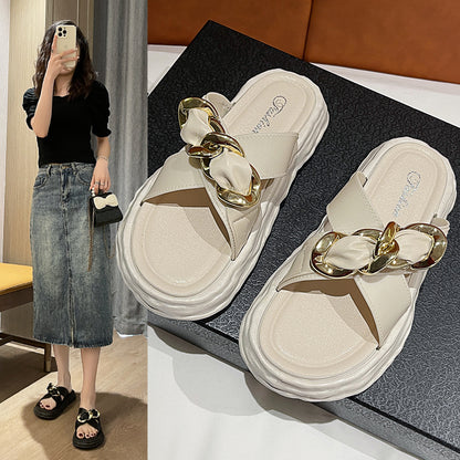 Cross-Border Online Influencer Fashion Outdoor Slippers PVC Women's Spring and Summer Flat Non-Slip All-Matching Temperament Platform Slippers Wholesale