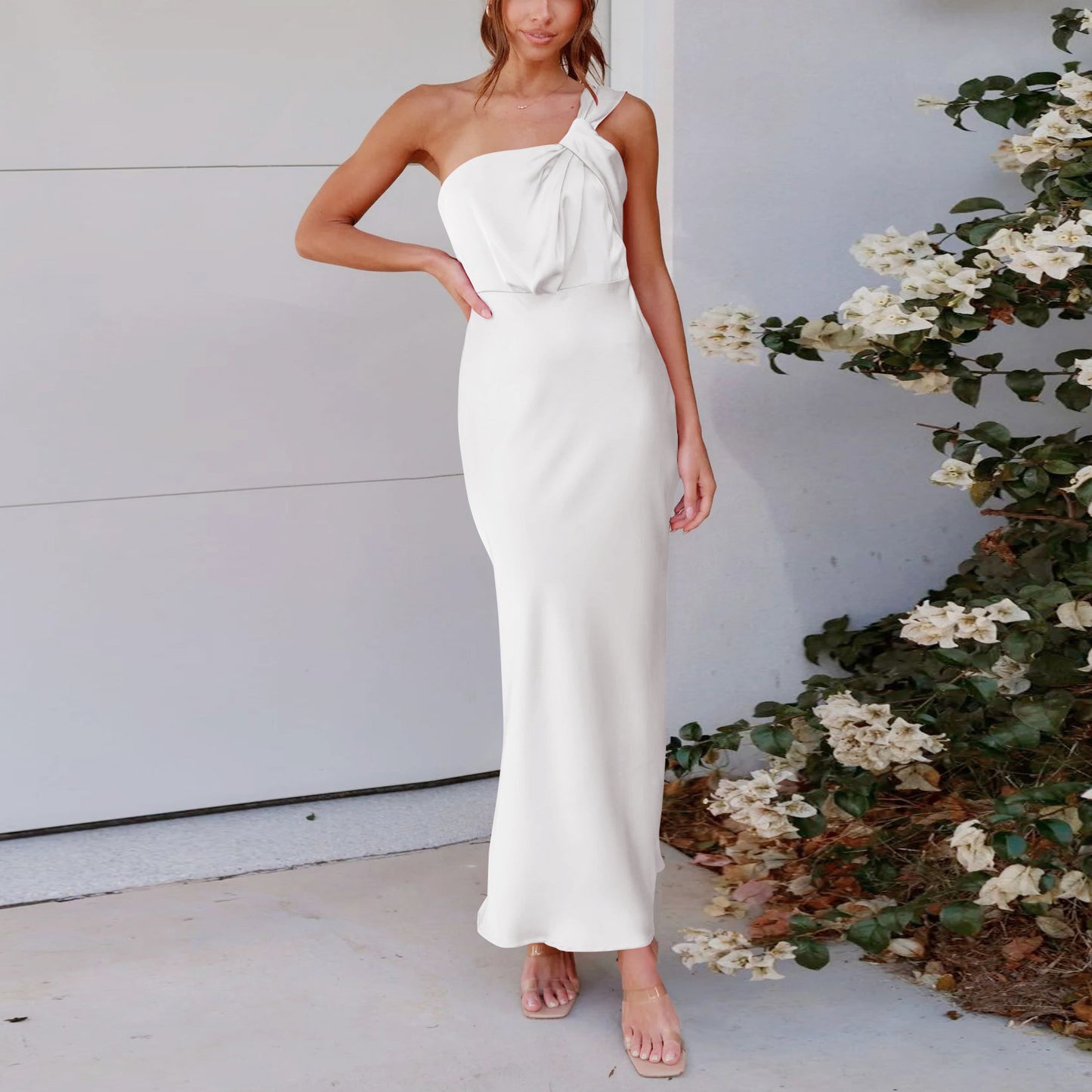 LOVERCCR  Cross-Border New Acetate European and American Women's Clothing Elegant One-Shoulder Satin  Toast Dress Bridesmaid Dress Slim Fit Dress