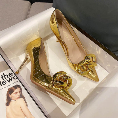 loveccr  Gold High Heels Women's HOTan and NEWn Style Pointed Toe Patent Leather Low-Cut  Spring and Autumn New Chain Sexy Stiletto Heel Pumps Fashion