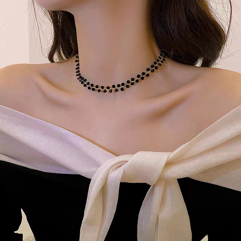 Cold Wind Black Crystal Necklace  New South Korea Simple Graceful Necklace Internet Celebrity High-Grade Clavicle Chain