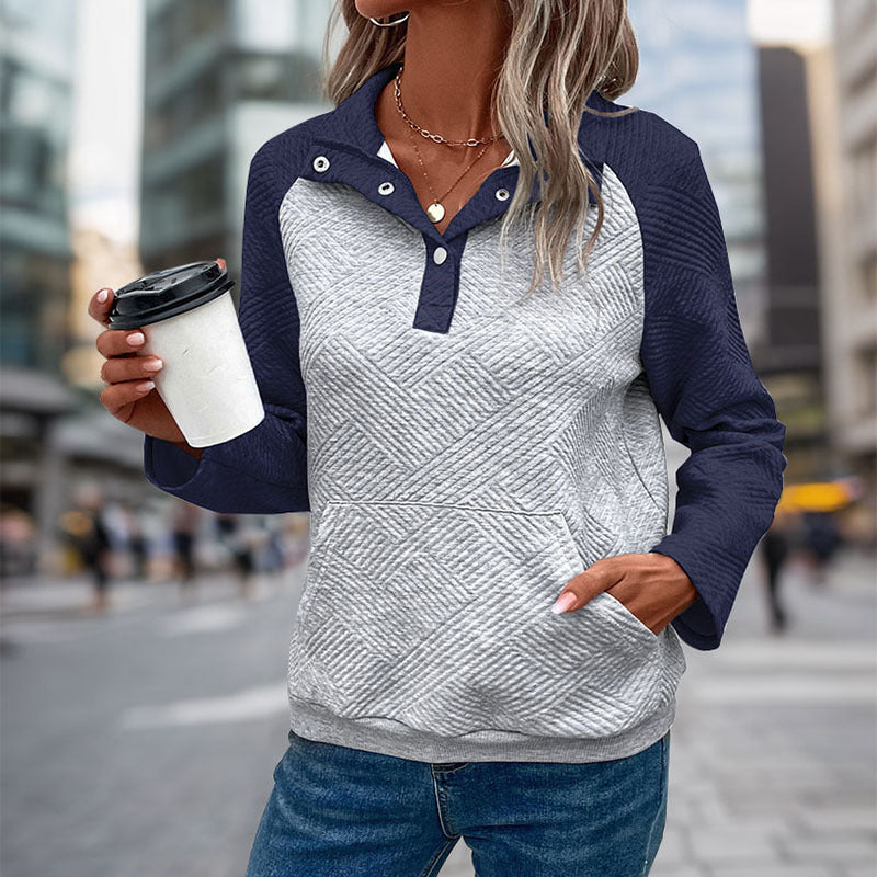 LOVECCR autumn hot sale new contrasting color splicing sweater texture sense casual and comfortable V-neck stand-up neck sweater women