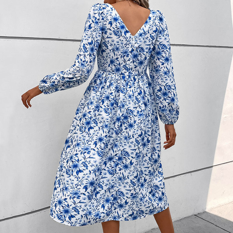 LOVECCR Independent Hot autumn new fashion foreign trade 2025 women's clothing square collar printing retro  backless dress