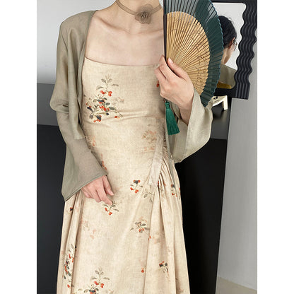 Jiangzuo Apricot Flower Smoky Rain New Chinese Style Retro National Style Spring/Summer Improved Cheongsam Sling Dress Suit 776