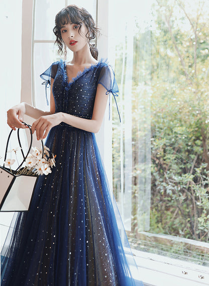 LOVECCRNavy Blue A-line Short Sleeves V-neckline Party Dress, Navy Blue Prom Dress