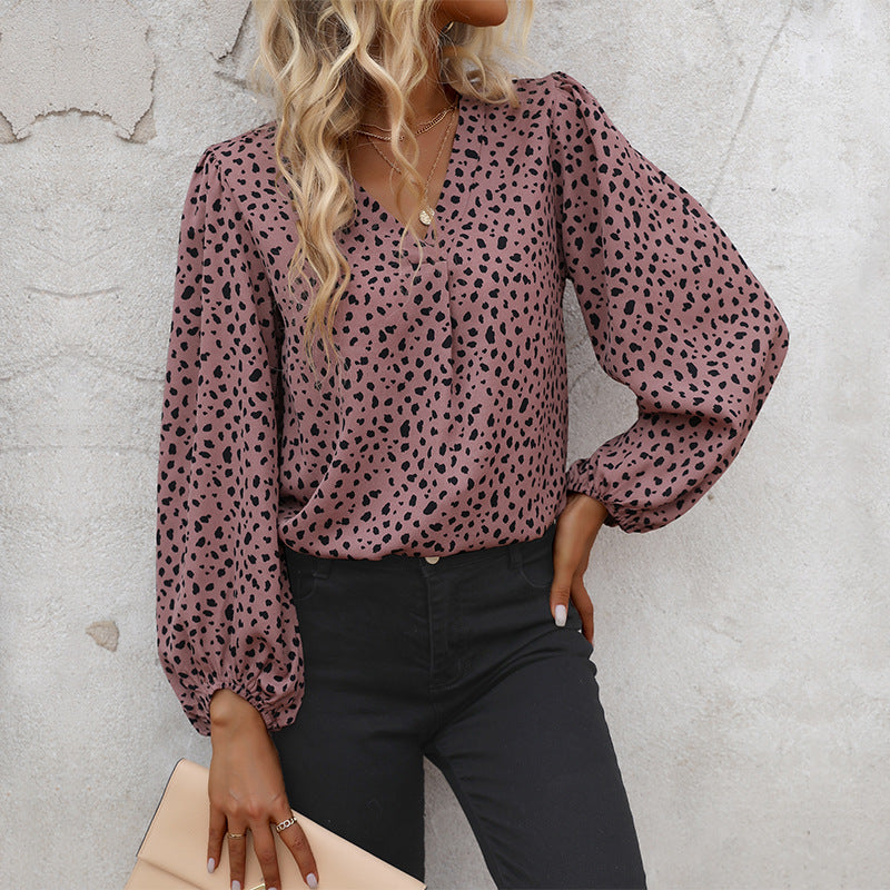 LOVECCR Cross-border  popular spring and summer Popular trade 2025 commuter tops long-sleeved V-neck leopard print design shirts women