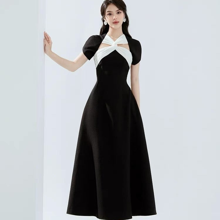 LOVERCCR  Vietnam Niche Design Black and White Contrast Color Short-Sleeved Dress  Spring and Summer New Waist-Tight Slimming Expansion Skirt Women