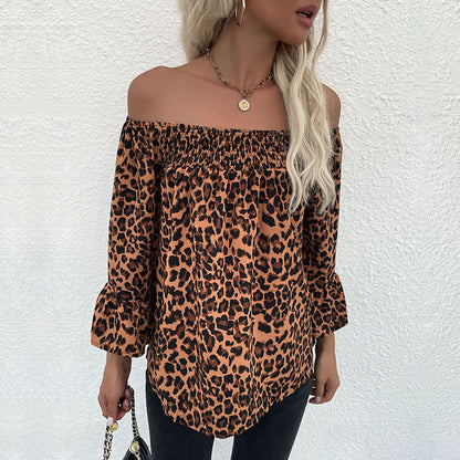 LOVECCR Cross-border New Autumn New Women's Clothing Loose One-Word Shoulder Pullover Bottom Leopard Chiffon Shirt