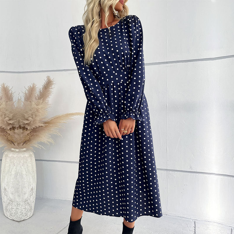 LOVECCR New  2025 Women's Clothing Hot Autumn and Winter New Long Sleeve Blue Polka Dot Medium and Long Dress