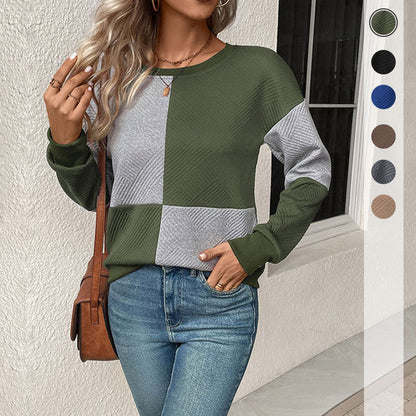 LOVECCR 2025 women's clothing Hot autumn new  long-sleeved color matching pullover round neck texture sweater women's models