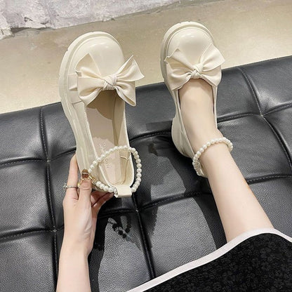 loveccr  Style Mary Jane Shoes Women's  Spring and Autumn New Pearl Bow Girls' Pumps Chunky Heel Fairy Style Loafers