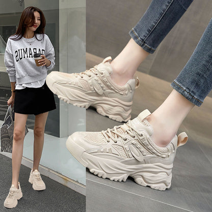 loveccr Spring New Breathable Casual Platform Elevator Wild Women's Mesh Surface Shoes Sneaker Retro Daddy Shoes Women