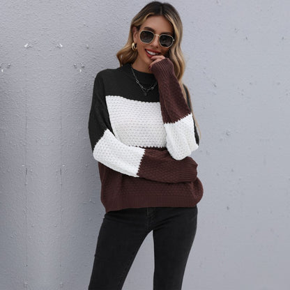 LOVECCR New autumn and winter popular new splicing contrasting colors lazy knitted sweater semi-turtleneck 2025 pullover sweater women