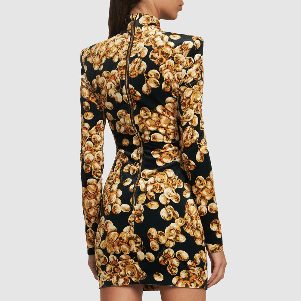 LOVECCR popular  Gold Velvet Printed 2025 Long Sleeve Slim Dress Autumn and Winter New Retro Bottom Women's Clothing