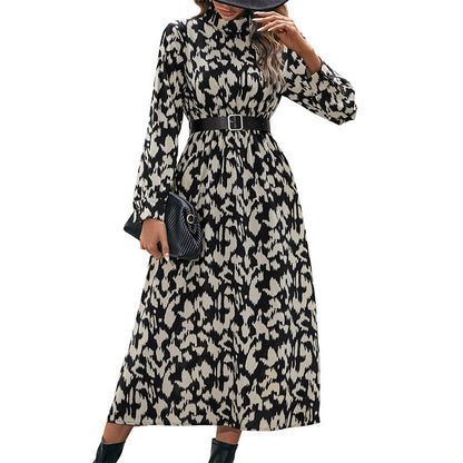 LOVECCR New Hot New Fashion 2025 Women's Clothing Long Sleeve Half Turtleneck Printed Waist Temperament Dress